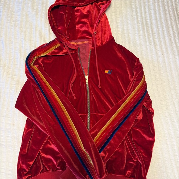 Aviator Nation Velvet Zip-Up Hoodie Red Rainbow Stripe Size S - Relaxed Fit - Picture 6 of 10